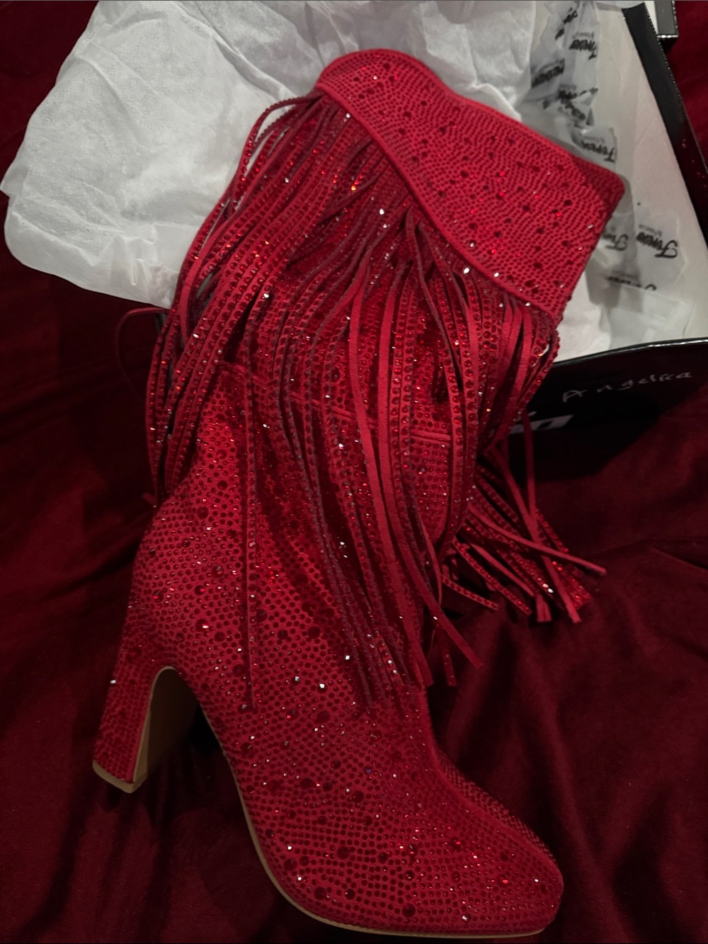 Red Fringe Rhinestone High Heel Boot - Picture 3 of 6